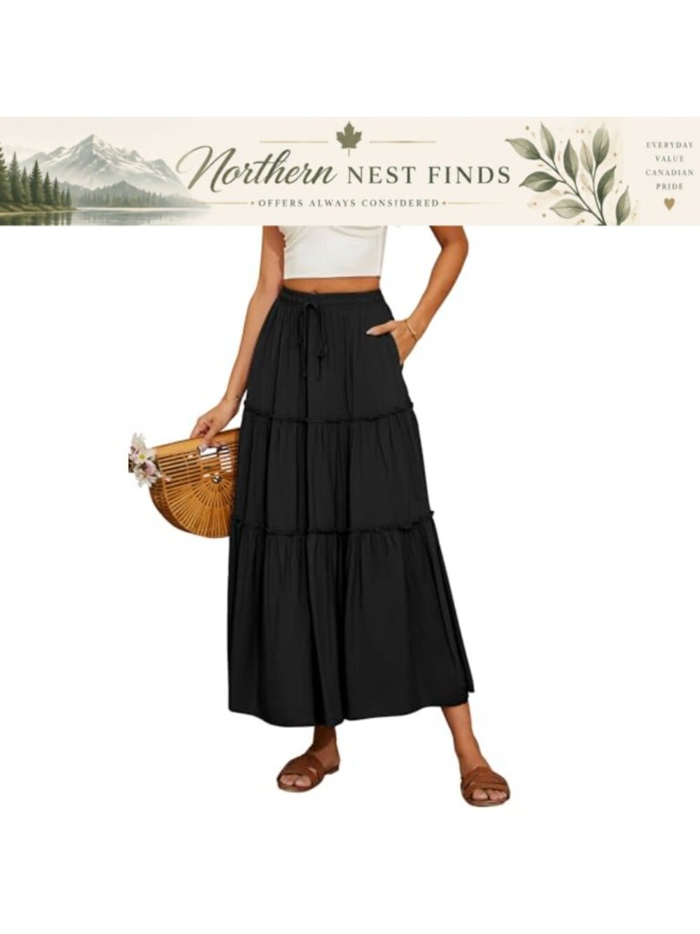 Boho Maxi Skirt Elastic Waist Tiered Ruffle Pleated Flowy A-Line with Pockets